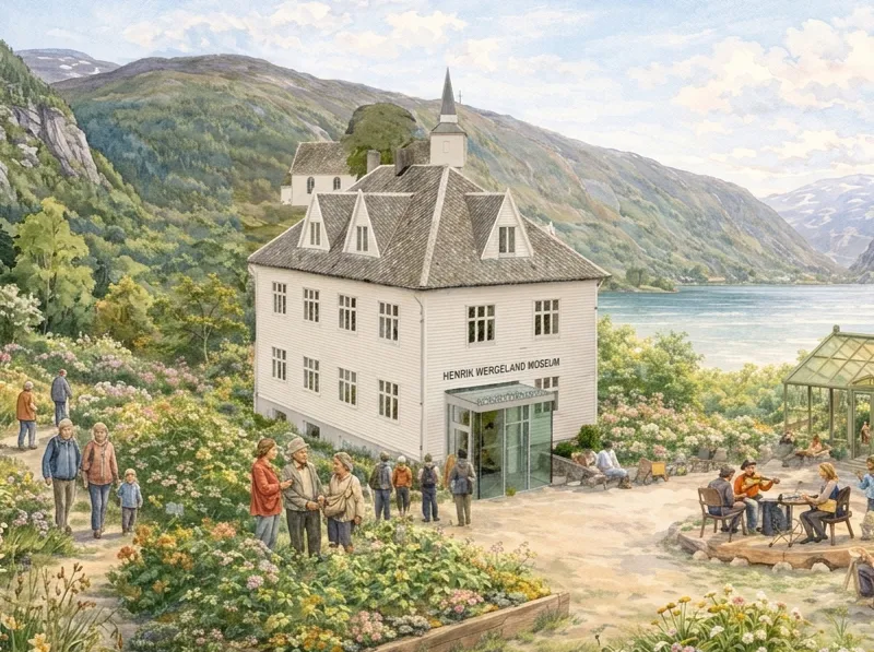Illustrasjon av museumsområdet i Brekke ved fjorden