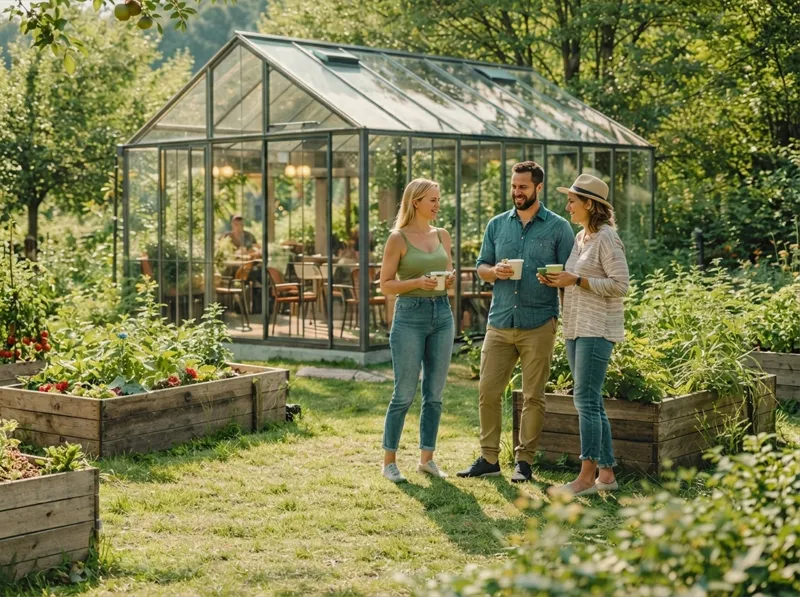 Illustrasjon av drivhus og hagemøteplass