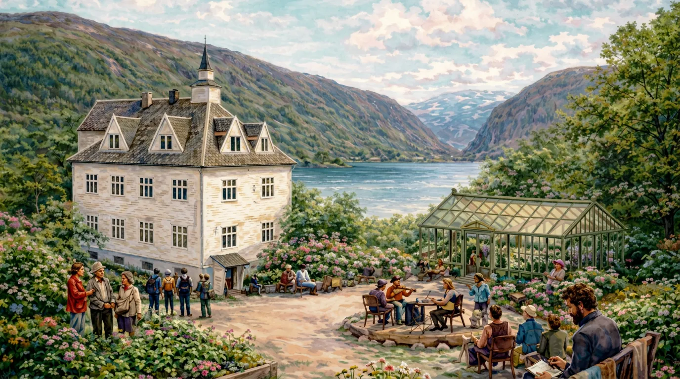 Illustrasjon av museumsbygget og uteområdet i Brekke